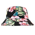 Reversible bucket hat featuring vibrant pink hibiscus and green tropical floral print on black - Large Floral