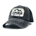 Washed grey Explorer mountain embroidery trucker hat with black breathable mesh back - Black