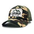 Detail of camouflage baseball cap showing mountain embroidery and breathable mesh back - Camouflage