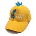 Detail of a yellow cotton kids' baseball cap with T-Rex cartoon print and soft 3D blue horns - One Size / Yellow