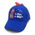 Kids dinosaur baseball cap in blue with 3D red horns and cartoon T-Rex print - One Size / Blue
