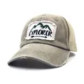 Detail showing vintage washed khaki trucker hat with Explorer mountain embroidery and mesh back - Beige