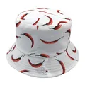White cotton bucket hat with all-over red chili print for women outdoor sun protection - Size 56-58CM / Chili