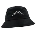 Unisex black canvas bucket hat featuring white mountain embroidery and stitched brim detail - Black