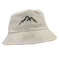 Cream white bucket hat with black mountain embroidery in outdoor minimalist style - Beige