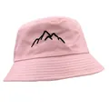 Pink cotton bucket hat with black mountain embroidery in a minimalist outdoor style - Pink
