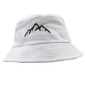 Detail view of mountain embroidery on white cotton bucket hat with reinforced brim sewing - White