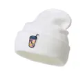 Warm white ribbed knit beanie with colorful cartoon shake cup embroidery for winter - One Size / White