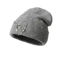 Detailed texture of grey ribbed knit beanie with punk silver chains and butterfly charms - One Size / Marl Grey