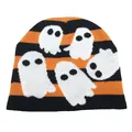 Gorro de punto de Halloween a rayas naranjas y negras con patrones de fantasmas blancos - Talla única / Rayas Naranja Negro (Negro)