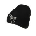 Black knit beanie with punk silver metal chains, butterfly charm, and safety pin detail - One Size / Black