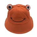 Detail of a bright orange frog bucket hat with 3D eyes and reinforced brim stitching - Orange Red