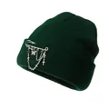 Detail of dark green knit beanie with silver chain, butterfly and cross punk ornaments - One Size / Dark Green