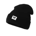 Berretto in maglia nera con toppa gatto cartone animato su sfondo bianco minimalista - Taglia unica / Nero
