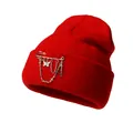 Red knit beanie with silver metal chains, butterfly charms and cross pendants in punk style - One Size / Red