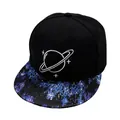 Black snapback hat with white planet embroidery and blue galaxy print flat brim - Adjustable / Black