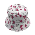 Détail d'un chapeau de soleil en coton blanc avec motifs mignons de pastèque et lapin - Imprimé Lapin Pastèque