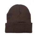Close-up of a dark brown ribbed knit beanie hat showing soft texture and warm yarn detail - Coffee