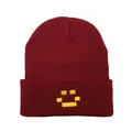 Burgundy knitted beanie featuring a yellow pixelated embroidery on the folded cuff - One Size / Burgundy