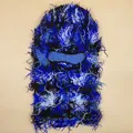 Close-up detail of distressed knit balaclava with blue and black tassel textures - One Size / Blue Camouflage