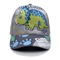 Kinder-Baseballkappe in Grau mit grünem Triceratops-Druck und breiter blauer Krempe - Verstellbar / Grau