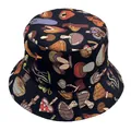 Black bucket hat with colorful mushroom prints featuring flat top and wide brim for sun protection - One Size (58CM Circumference) / Red Polka Dot Mushroom Black Base