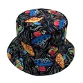 Black bucket hat with colorful pop art mushroom print for summer sun protection - One Size (58CM Circumference) / Blue Orange Mushroom Black Base