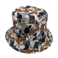 Unisex vissershoed met all-over mopshond print en brede rand voor goede zonbescherming - Eén Maat(58cm) / Zwart (Cartoon Hond Print)
