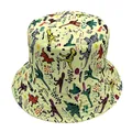 Pale yellow bucket hat with colorful hand-drawn dinosaur prints for summer sun protection - One Size (58cm) / Dinosaur