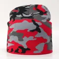 Winter knitted beanie featuring red and black camo jacquard pattern for thermal protection - One Size / Red Camouflage