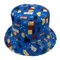 Detail of blue bucket hat featuring London themes like double-decker buses and umbrellas - One Size (58CM Circumference) / London Underground Logo Style 5