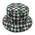 Detail of floral embroidery on a green checkerboard pattern bucket hat for summer - One Size (58CM Circumference) / Green and White Checkered Flower Style 8