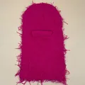 Fuchsia knitted balaclava with long fringe texture for winter warmth and fashion - One Size / Rose Red