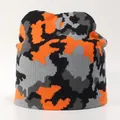 Close-up of camouflage knitted beanie showing texture in orange, black and grey tones - One Size / Orange Camouflage