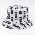White canvas bucket hat featuring black PRIME letter print for summer sun protection - One Size 58cm / White
