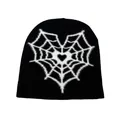 Hip-hop style black knit beanie featuring a white heart spider web jacquard pattern - White Heart Spider Web Jacquard (Black with White Mark)