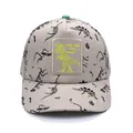 Kids dinosaur bone print baseball cap in grey with cartoon patch and green top button - One Size / Off White
