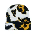 Knitted beanie with black white and yellow cow leopard jacquard pattern fold-over cuff - One Size / Black White Yellow Pattern (Style 5)