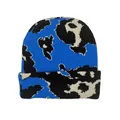 Blue and black cow print knit beanie with folded brim and jacquard pattern - One Size / Blue Black White Texture (Style 1)