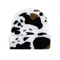 Knitted beanie featuring cow print pattern in white and black with wide folded brim - One Size / White Black Brown Pattern (Style 8)