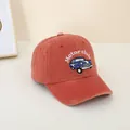 Kids vintage red washed cotton baseball cap featuring classic car embroidery and motor club text - 52-54CM Head Circumference / Red