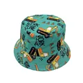 Close-up of light green sun hat featuring yellow excavator and construction patterns - Kids 54cm / Green