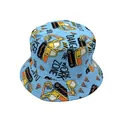 Detail of blue sun hat with cartoon excavator prints and reinforced brim stitching - Kids 54cm / Lake Blue