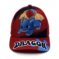 Kids baseball cap in red and black with blue cartoon dragon print and DRAGON text - Adjustable / Dragon Red