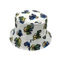 Close-up detail of cartoon tractor prints on white cotton sun hat with reinforced stitching - 54cm / White