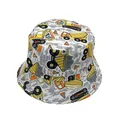 Detailed pattern of cartoon construction vehicles on a grey kids bucket sun hat - Kids 54cm / White