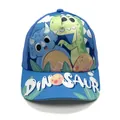 Kids blue baseball cap featuring colorful cartoon dinosaur prints and Dinosaur text - Adjustable / Two Dinosaurs Blue