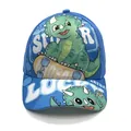 Blue kids baseball cap featuring a green dinosaur on a skateboard with printed text - Adjustable / Skateboard Triceratops Blue