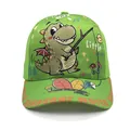 Green kids dinosaur baseball cap featuring cute fishing print and Little Monster text - Adjustable / Fishing Dinosaur Emerald Green