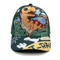 Kids dinosaur baseball cap in forest green and yellow featuring a T-Rex cartoon pattern - Adjustable / Turn Head Dinosaur Green
